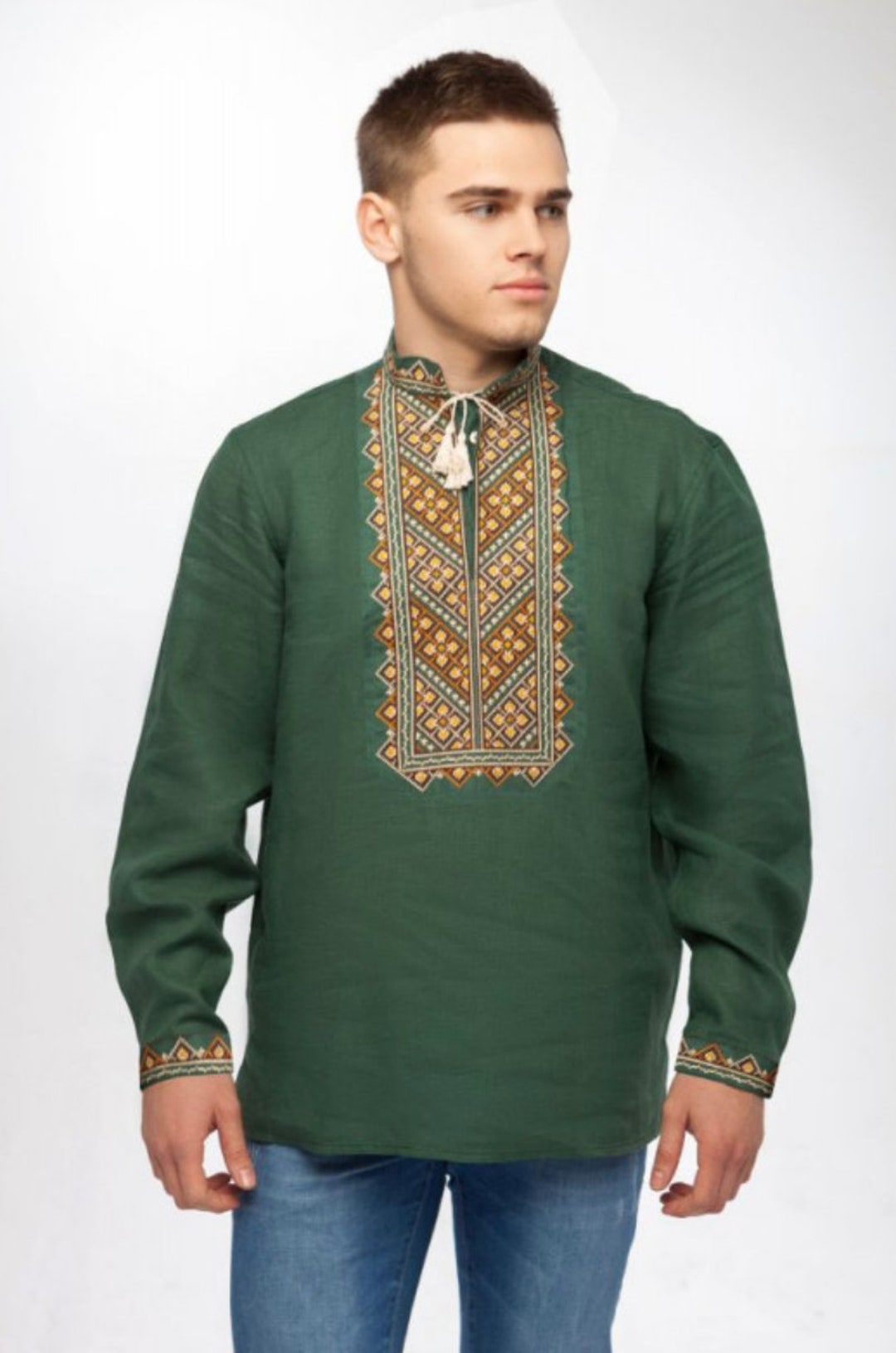 Rushnichok Men's Ukrainian Vyshyvanka Shirt - Black & Blue Hand-Embroidered Linen Traditional Shirt