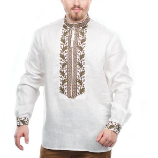 Ukrainian Vyshyvanka Sorochka, Slavic Man Traditional Shirt, Linen Embroidered Shirt, Oak Embroidered Shirt
