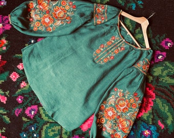 Green Linen Embroidered Blouse, Ukrainian Vyshyvanka Sorochka, Slavic Embroidered Blouse, Trending Style Summer Blouse, Bohemian Chic Top