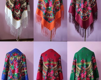 Floral Print Scarf, Folklore Style Wrap, Bohemian Style Shawl, Woman Wool Shawls, Floral Shawls, Ukrainian Shawl, Ukrainian Scarf
