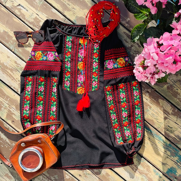 Embroidered Bohemian Blouse, Ukrainian Chiffon Vyshyvanka, Handmade Beaded Top, Plus Extended Size