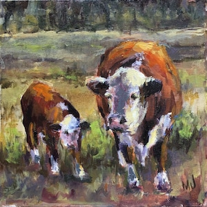 SALE!  Cow and calf grazing in field.  Original oil on stretched canvas.  12 x 12
