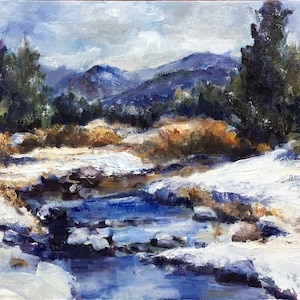 Snowy and cold stream and winter snow with mountains in background.  Original oil 12 x 16.