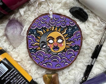 Sun and Moon | HAND-PAINTED Wood Slice Ornament | Whimsigoth Art, Whimsigoth Decor, Witch Art, Witch Decor, Witchy Christmas, Sun Moon Art