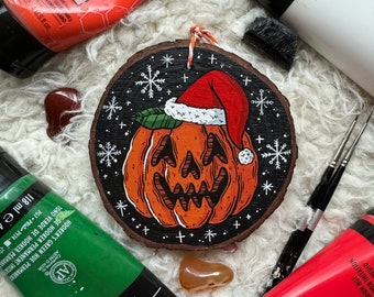 Christmas Pumpkin | HAND-PAINTED Wood Slice Ornament | Christmas Art, Christmas Decor, Spooky Christmas, Creepmas Art, Creepmas,
