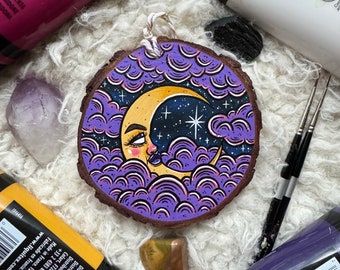 Dreamy Moon | HAND-PAINTED Wood Slice Ornament | Moon Art, Whimsigoth Art, Whimsigoth Decor, Witch Art, Witch Decor, Witchy Christmas