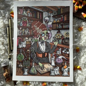 Laboratorium| Origineel Drawlloween-kunstwerk | Bruid van Frankenstein-kunst, Halloween-kunst, Halloweendecor, Spookachtige kunst, Spookachtig Decor