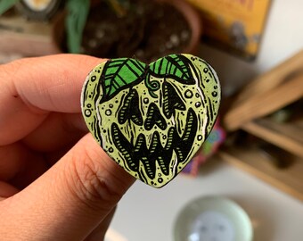 Green Jack-O-Lantern | HANDMADE Wooden Pin/Button | Pumpkin Art, Halloween Art, Spooky Art, Spoopy Art, Fall Art