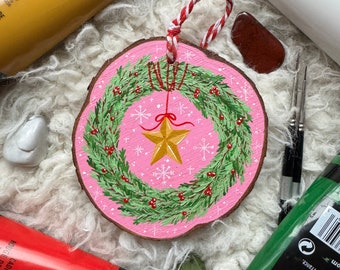 Merry and Bright | HAND-PAINTED Wood Slice Ornament | Christmas Art, Christmas Ornament, Yule Art, Yule Decor, Yule Ornament, Wreath Art