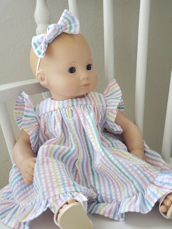 pastel doll dress Pastel Striped Seersucker Doll Dress with Headband & Bloomers