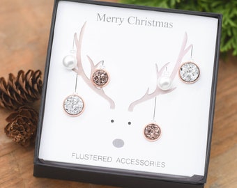 SALE Christmas Earrings Set, Rose Gold Reindeer Earrings, Christmas Gift Set, Pearl Earrings, Cyber Monday