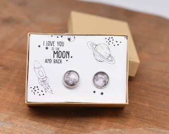 Moon Earrings, Love You to the Moon and Back, 12mm stud earrings