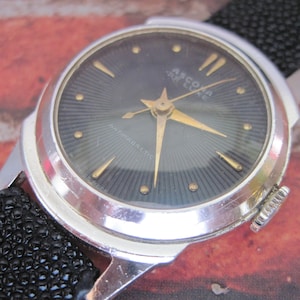 Vintage Sunburst dial ASCONDA Manual Men&#39;s Wristwatch Good Working Condition, New creamy black stingray band
