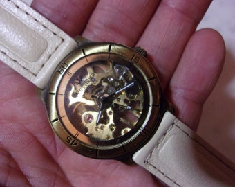 Vintage Manual Skeleton Men's Wristwatch Good Working Condition with New Artisan Leather Band