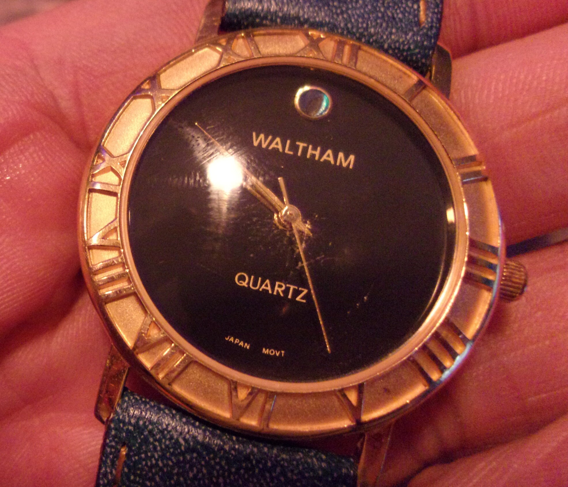 Waltham American Quartz Water Resistant Watch Gold Tone Brown Black Band WW050 Waltham Watch TESTED & WORKS 100 FT Quartz Japan Movt Date  main image 3