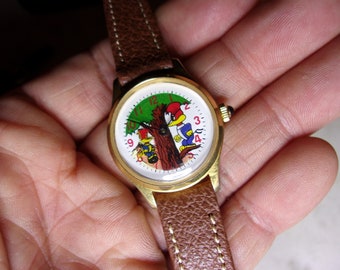 Rare WOODY WOODPECKER Vintage Manual-wind Animated Watch (Smaller Size), Swiss-made, New Leather Band, Working