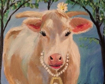 Print of acrylic painting, cow, bell, Minnie Pearl (Giclee' Print)