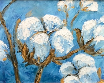 Original oil painting of cotton with metallic gold embellishments/Cotton and Blue Skies