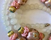 Rare Vintage Chinese light green Jadeite and silk wrapped hand painted flowers pink beads