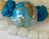 Vintage Chinese light green Jadeite and silk wrapped hand painted flowers blue beads