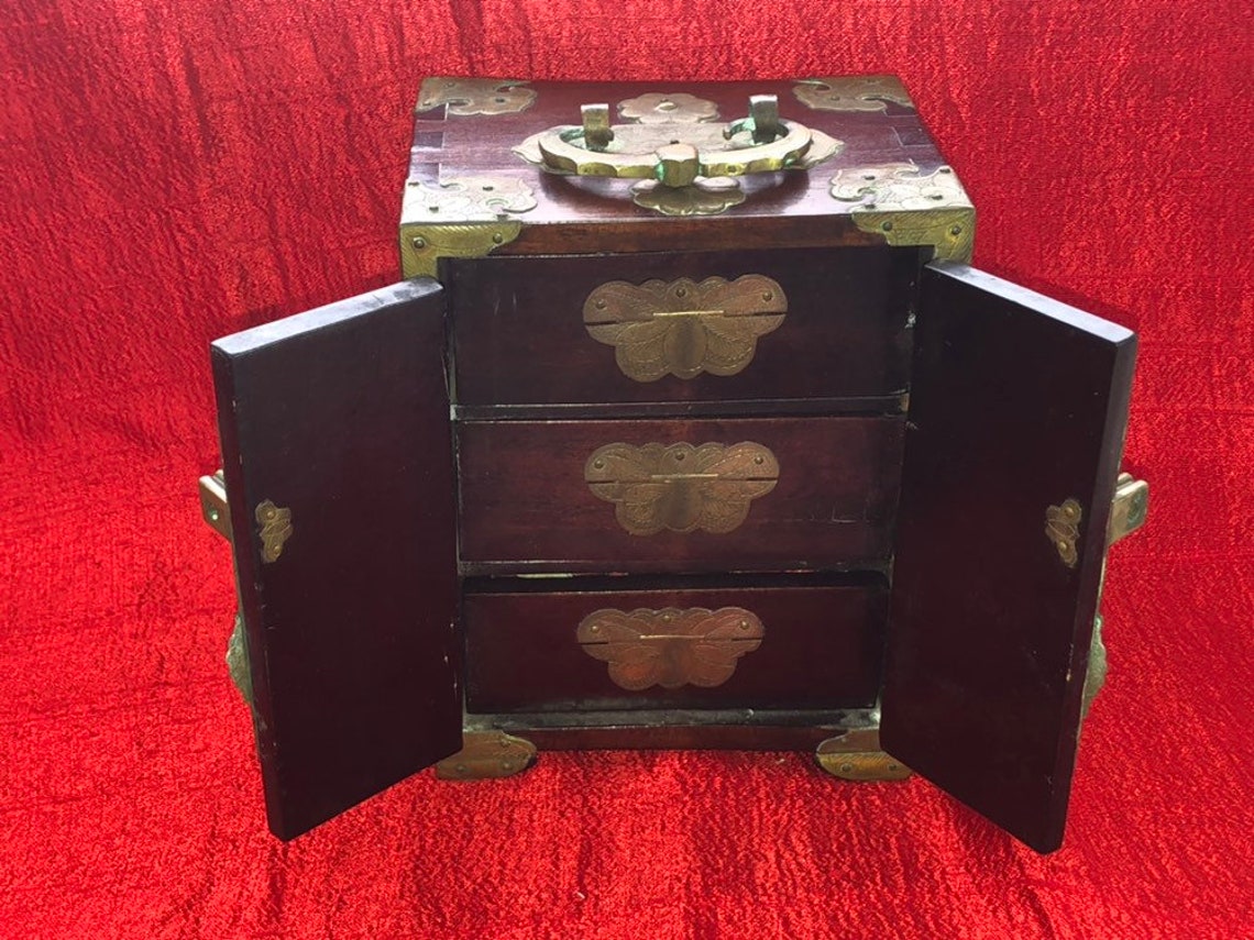 Antique Chinese Wooden Jewelry Box Decorated With Carved Jade Etsy