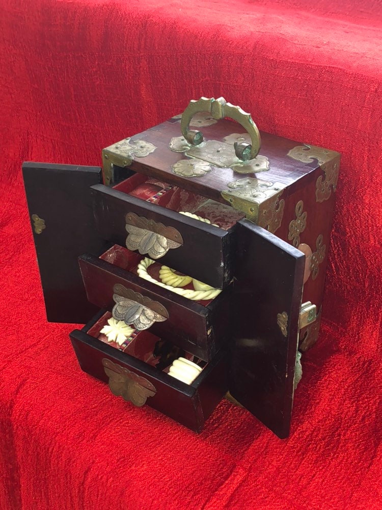 Antique Chinese Wooden Jewelry Box Decorated With Carved Jade Etsy