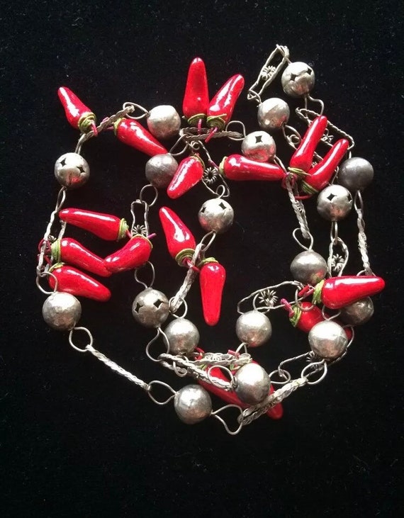 Vintage unique handmade beaded necklace with Red H