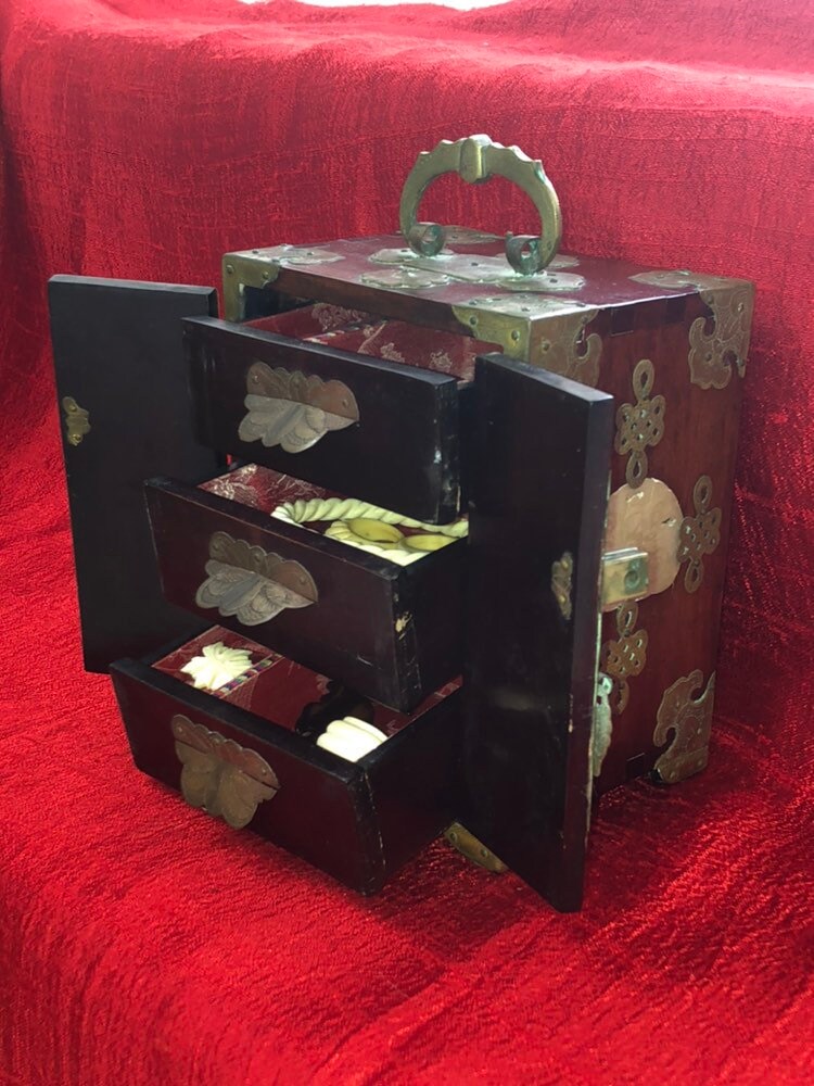 Antique Chinese Wooden Jewelry Box Decorated With Carved Jade Etsy