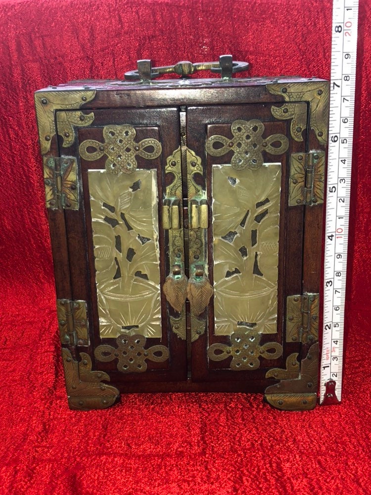 Antique Chinese Wooden Jewelry Box Decorated With Carved Jade Etsy