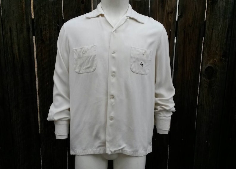 Vintage 40/'s 50/'s Rockabilly Men/'s Shirt White Monogram Gaberdine Collar Loop Large