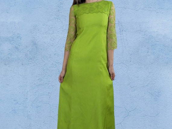 Vintage 60's Lime Green Formal Maxi Dress Lace Sleeves XS