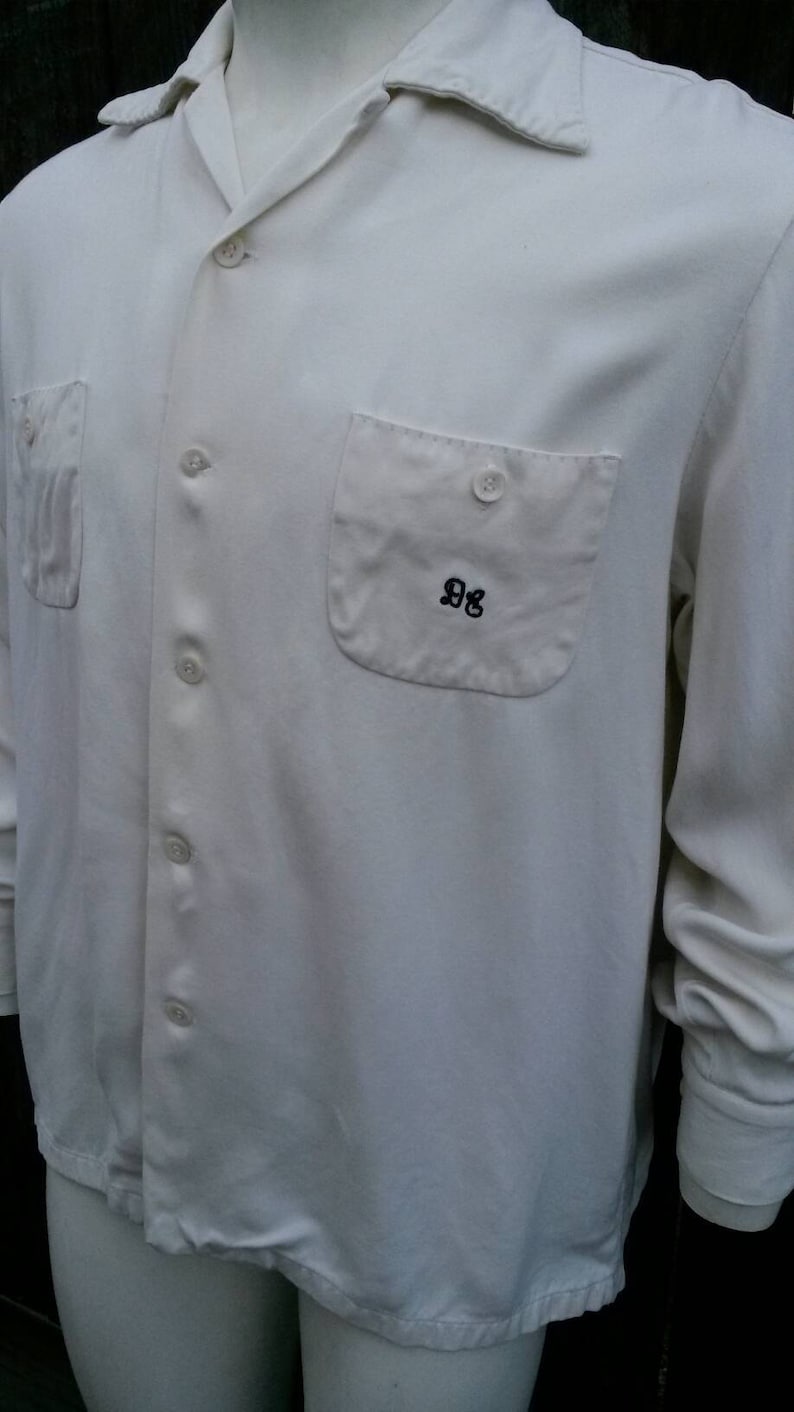 Vintage 40/'s 50/'s Rockabilly Men/'s Shirt White Monogram Gaberdine Collar Loop Large
