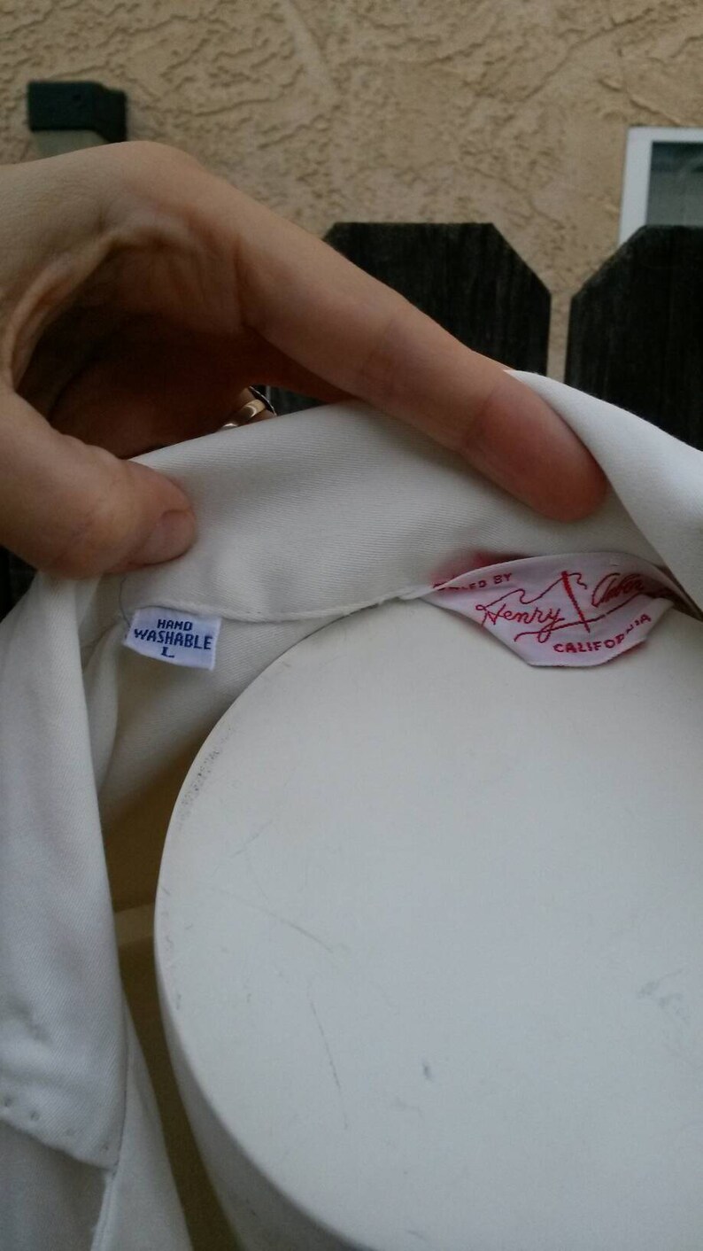 Vintage 40/'s 50/'s Rockabilly Men/'s Shirt White Monogram Gaberdine Collar Loop Large