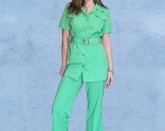 Vintage 70's Disco Women's Lime Green 2 Piece Polyester Leisure Pant Suit SM M