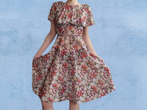 chiffon capelet dress vintage 70's Garden Party Floral Cape Earth Tones Flowers XS Size:12/18mos Bodysuit/Dress GWP App Wedding dress with Let Go Baby Pink in a graceful column