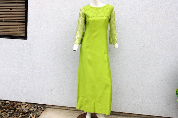 Vintage 60's Lime Green Formal Maxi Dress Lace Sle
