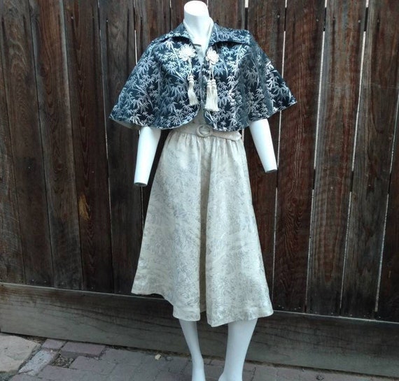 Vintage 40's 50's Dress Asian Brocade Silver Metal