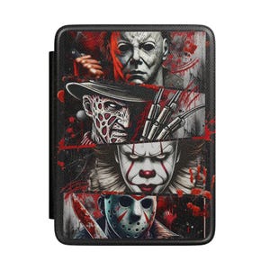 May include: A rectangular protective case featuring a graphic print of four horror movie characters arranged in horizontal panels. The design includes red blood splatter accents against a dark, textured background with detailed character portraits.