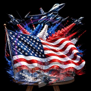 Könnte beinhalten: Eine grafische Illustration mit einer großen, wehenden amerikanischen Flagge an einem Fahnenmast. Über der Flagge fliegen drei Kampfjets in Formation und hinterlassen rote, weiße und blaue Rauchspuren vor einem schwarzen Hintergrund.
