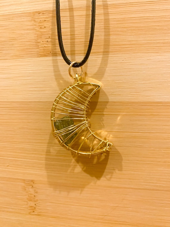 Gold Wire Wrapped Moldavite Crystal Pendant Moon Phase Necklace