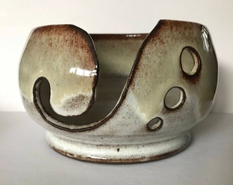 Pottery Yarn Bowl "SINULID", Knitting Bowl, Brown Stoneware, Yellow and White Glaze