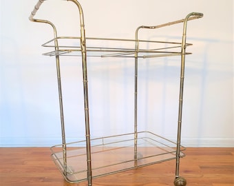 Mid Century Brass Faux Bamboo Rolling Bar Cart / Server