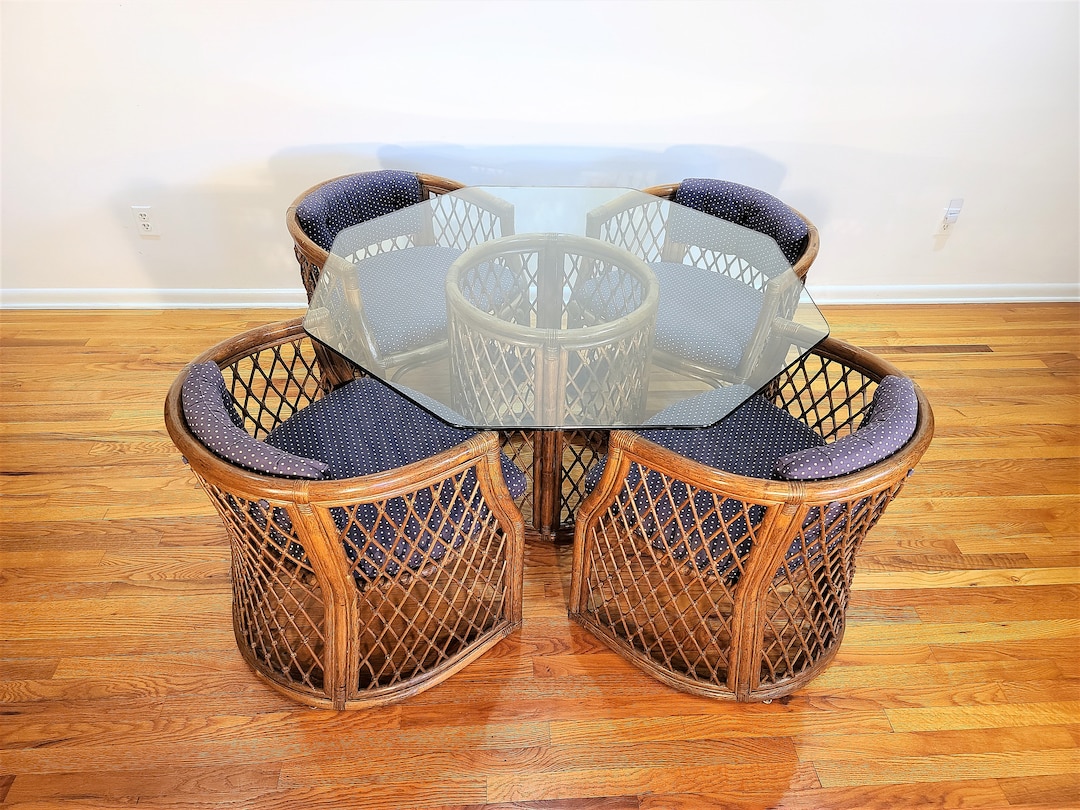 Mid Century Lattice Rattan Set With Four Chairs and Etsy