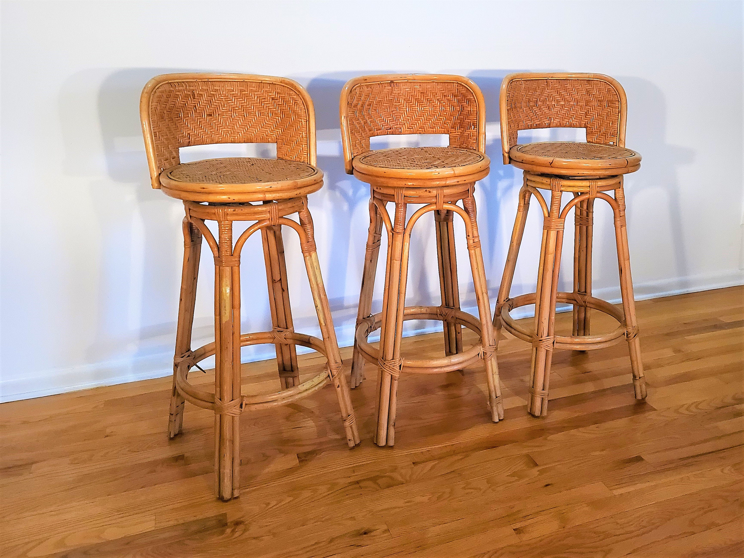 Mid Century Set Of Three Swivel Rattan Bar Stools Etsy