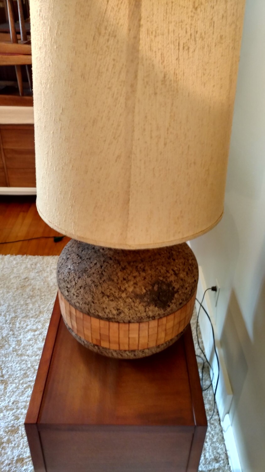 Mid Century Cork Table Lamp With a Wood Inlay Etsy