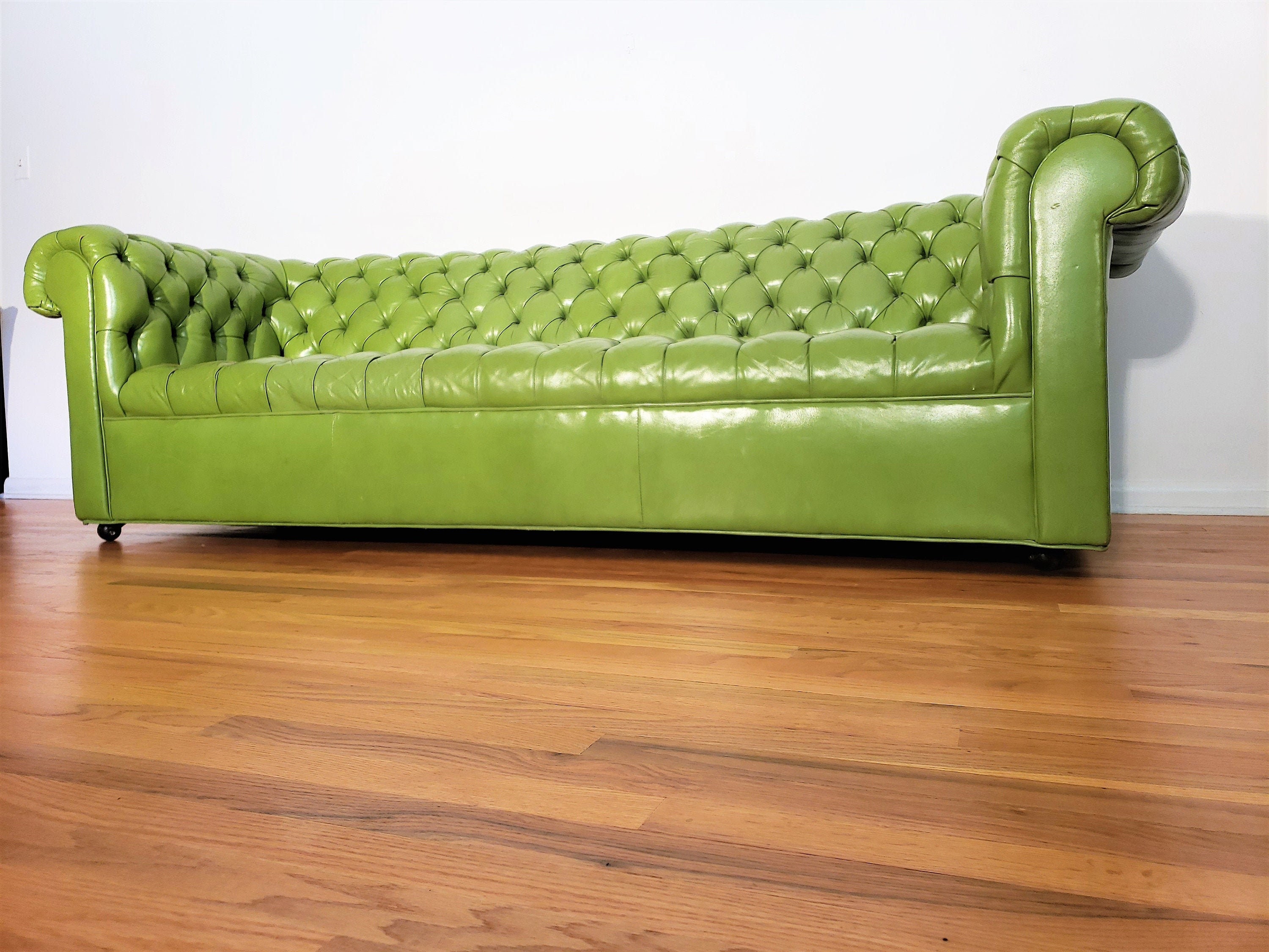 Mid Century Green Soft Vinyl Tufted Sofa Etsy