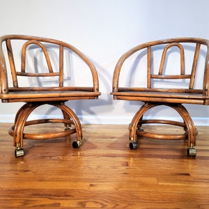 Mid Century Pair of Bamboo Lounge Chairs on Casters