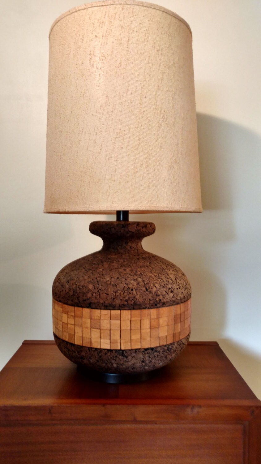 Mid Century Cork Table Lamp With a Wood Inlay Etsy