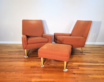 Mid Century Pair of Lounge Chairs with Ottoman