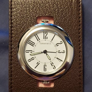 Rare Tiffany & Co Stainless Steel Alarm Quartz Traveling Clock with Brown Leather Cover